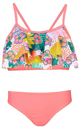 Aquarti Mädchen Bikini Set Bustier Bikinislip Zweiteiliger Badeanzug, Farbe: 030H mit Rüschen Blumen Orange/Rosa/Blau, Größe: 122 von Aquarti