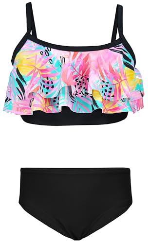 Aquarti Mädchen Bikini Set Bustier Bikinislip Zweiteiliger Badeanzug, Farbe: 030I mit Rüschen/Blätter/Rose/Gelb/Schwarz, Größe: 134 von Aquarti