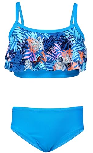Aquarti Mädchen Bikini Set Bustier Bikinislip Zweiteiliger Badeanzug, Farbe: 030J mit Rüschen/Blätter/Orange/Blau/Dunkelblau, Größe: 146 von Aquarti