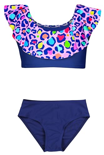 Aquarti Mädchen Bikini Set Bustier Bikinislip Zweiteiliger Badeanzug, Farbe: 037 Bikinis Bunt Leopardenmuster Dunkelblau, Größe: 116 von Aquarti