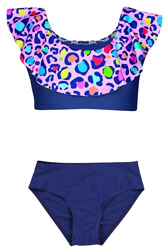 Aquarti Mädchen Bikini Set Bustier Bikinislip Zweiteiliger Badeanzug, Farbe: 037 Bikinis Bunt Leopardenmuster Dunkelblau, Größe: 158 von Aquarti