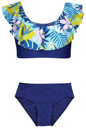 Aquarti Mädchen Bikini Set Bustier Bikinislip Zweiteiliger Badeanzug, Farbe: 037 Rüsche Bikini Grün Gelb Blätter Blau, Größe: 128 von Aquarti