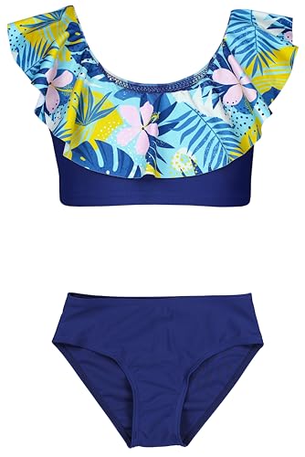 Aquarti Mädchen Bikini Set Bustier Bikinislip Zweiteiliger Badeanzug, Farbe: 037 Rüsche Bikini Grün Gelb Blätter Blau, Größe: 140 von Aquarti