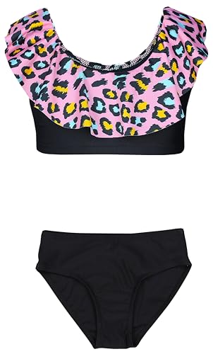 Aquarti Mädchen Bikini Set Bustier Bikinislip Zweiteiliger Badeanzug, Farbe: 037 Rüsche Bikini Leopardenmuster Schwarz Koralle, Größe: 128 von Aquarti