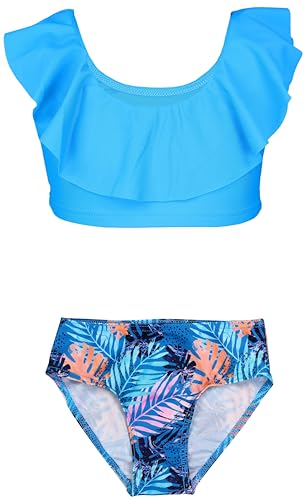 Aquarti Mädchen Bikini Set Bustier Bikinislip Zweiteiliger Badeanzug, Farbe: 037 Rüsche Bikinis Türkise Blätter Orange Blau, Größe: 116 von Aquarti