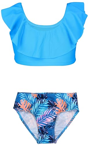 Aquarti Mädchen Bikini Set Bustier Bikinislip Zweiteiliger Badeanzug, Farbe: 037 Rüsche Bikinis Türkise Blätter Orange Blau, Größe: 134 von Aquarti