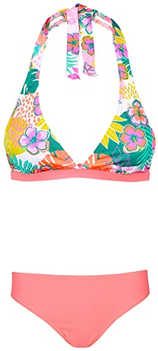 Aquarti Mädchen Bikini Set Bustier Bikinislip Zweiteiliger Badeanzug, Farbe: Blumen Orange/Rosa/Blau, Größe: 146 von Aquarti