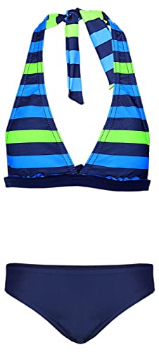 Aquarti Mädchen Bikini Set Bustier Bikinislip Zweiteiliger Badeanzug, Farbe: Streifen Blau/Grün/Dunkelblau, Größe: 152 von Aquarti