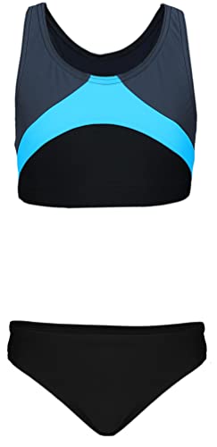 Aquarti Mädchen Sport Bikini Racerback Bustier & Bikinislip, Farbe: Schwarz/Graphit/Blau, Größe: 140 von Aquarti