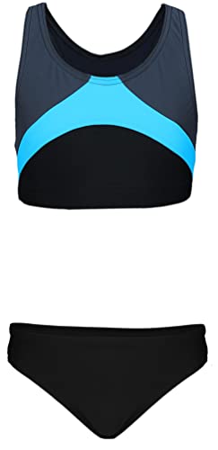 Aquarti Mädchen Sport Bikini Racerback Bustier & Bikinislip, Farbe: Schwarz/Graphit/Blau, Größe: 164 von Aquarti