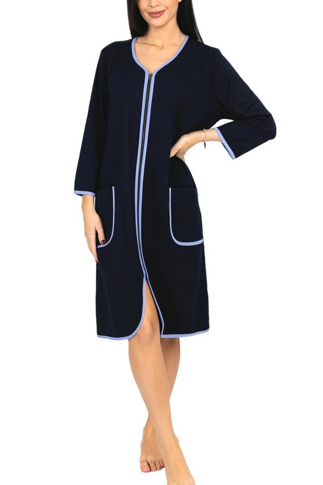 Aquarti Damenbademantel Damen Bademantel Morgenmantel Reißverschluss Hausmantel 3/4 Ärmel von Aquarti