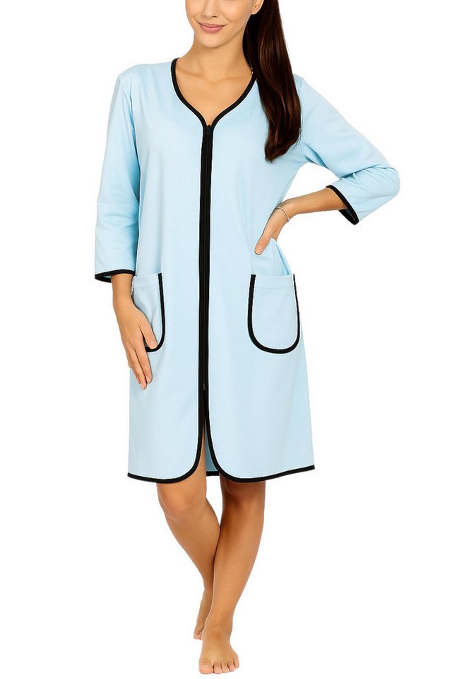 Aquarti Damenbademantel Damen Bademantel Morgenmantel Reißverschluss Hausmantel 3/4 Ärmel von Aquarti