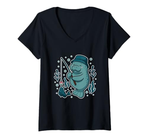 Damen Lustige Seekuh Fischerei Grafik Wassertier Humor Kunst T-Shirt mit V-Ausschnitt Damen Lustige Seekuh Fischerei Grafik Wassertier Humor Kunst T-Shirt mit V-Ausschnitt von Aquatic Chill & Wholesome Vibes