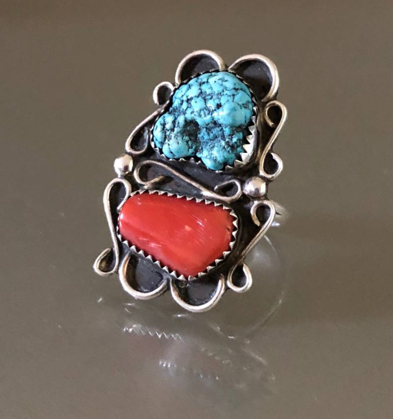 Großer Fabelhafter Südwestlicher Stil Türkis Koralle Sterling Silber Ring Großer Fabelhafter Südwestlicher Stil Türkis Koralle Sterling Silber Ring von AquitaineArts
