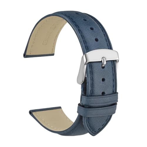 Aqxycvb Echtes Leder Uhrenarmband 14mm 16mm 18mm 19mm 20mm 21mm 22mm 23mm 24mm Ersatzbänder Armband for Männer Frauen (Color : Navy Blue-Silver, Size : 18mm) von Aqxycvb