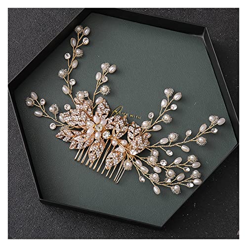 Aqxyedc Handgemachte Kristallperlenblume Blatt Haarkamm Strass Hochzeit Haarschmuck Haarnadel Stirnband Tiara for Frauen Braut Geschenk wanglan(Gold) von Aqxyedc