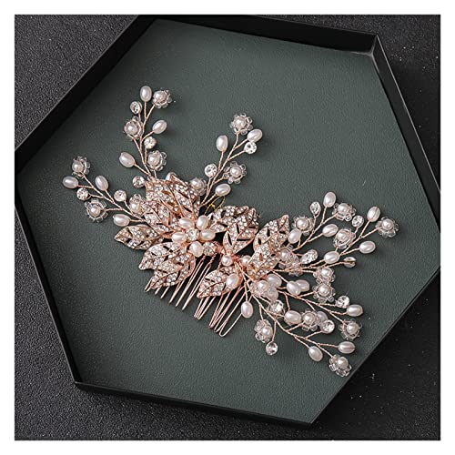 Aqxyedc Handgemachte Kristallperlenblume Blatt Haarkamm Strass Hochzeit Haarschmuck Haarnadel Stirnband Tiara for Frauen Braut Geschenk wanglan(Rose gold) von Aqxyedc