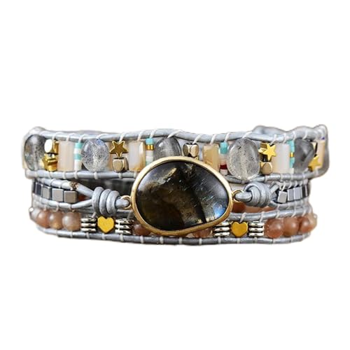 Aqxyedc Labradorit Mittelstein Stern Herz Charm Perlenarbeit Energie Heilung Hand Wickelarmband Homme Mädchen Leder wanglan von Aqxyedc