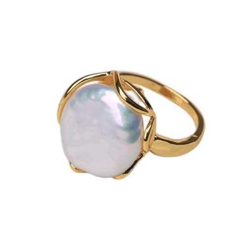 Aqxyedc Natürlicher Süßwasser-Barock-Perlenring Retro-Stil 14K-Anmerkungen Gold Retro- Stil unregelmäßiger Knopfring wanglan von Aqxyedc