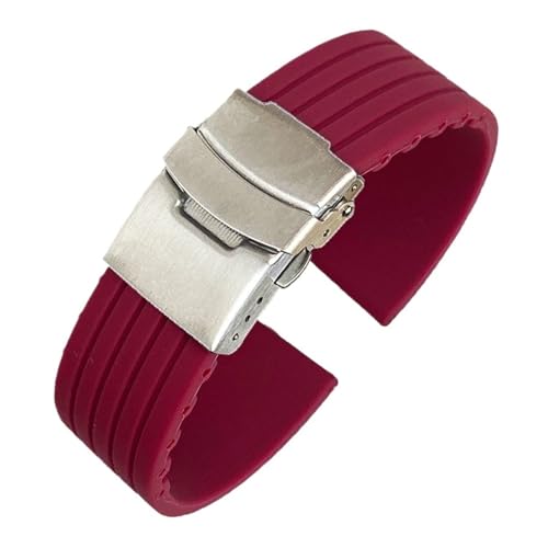 Aqxypas Silikon Sport Armband 18/20/22/24mm Faltschließe Universelle Wasserdichte Gummi Männer Ersatz Armband Band uhr Zubehör(Wine red silver,22mm) von Aqxypas