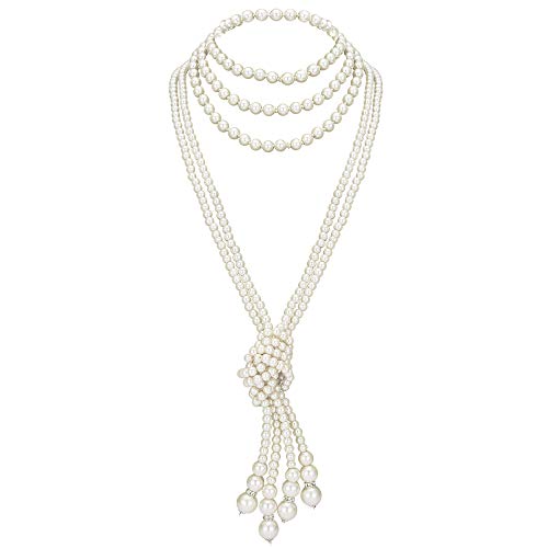 BABEYOND Gatsby Lange Knoten-Perlenkette 1920er Jahre Flapper Accessoire Halskette mit nachgemachten Perlen 124,5 cm und 149,9 cm Flapper Halskette (Weiß Knot Kette x2 mit 150cm Weiß Kette x1) von BABEYOND