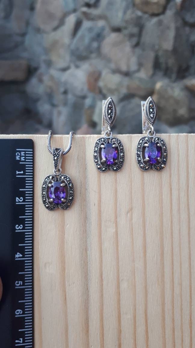 Amethyst Markasit Schmuck Set Vintage Ohrhänger & Anhänger von ArMatSilver