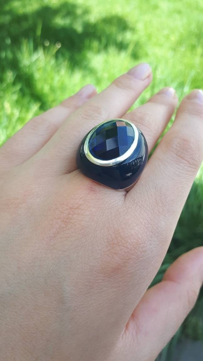Blauer Saphir Sterling Silber Statement Ring - Navy Emaille von ArMatSilver