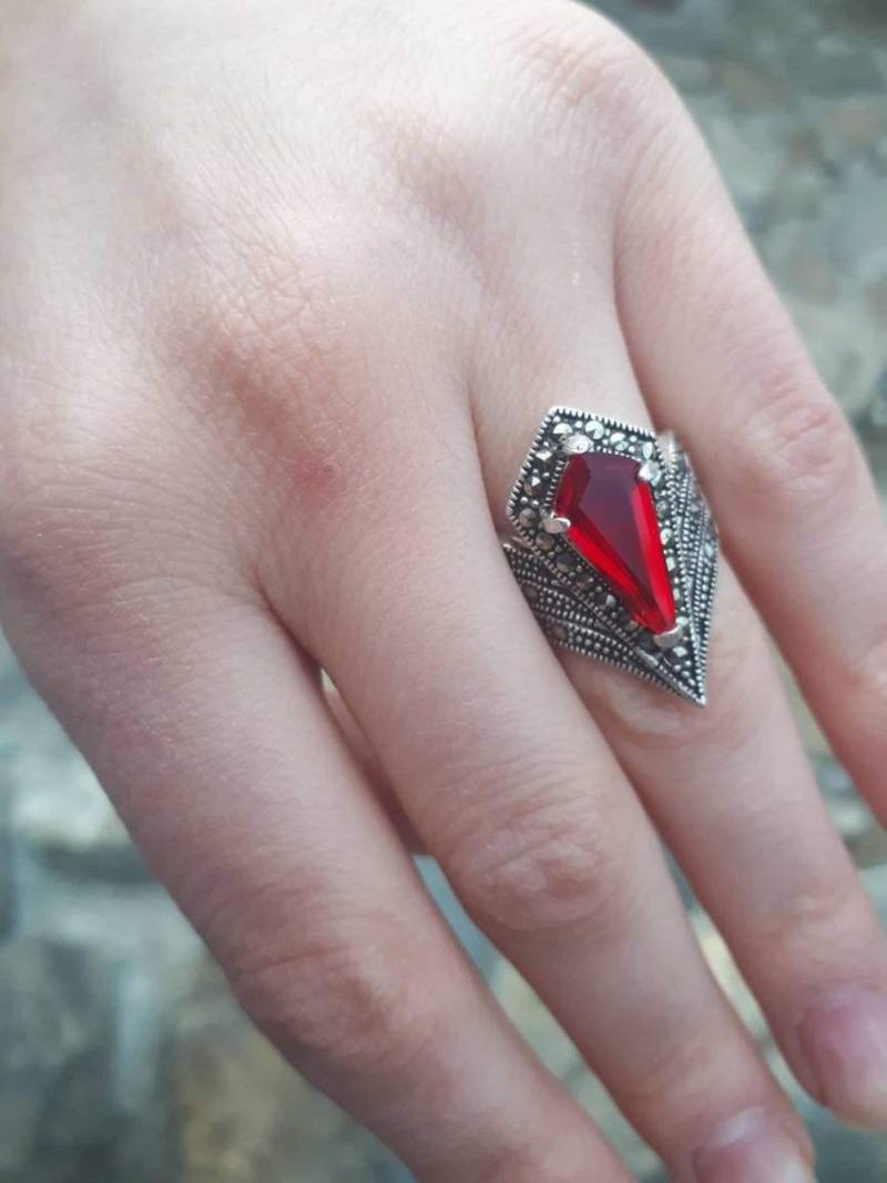 Granat Ring Silber Rot Markasit Einzigartige Abend Schmuck Roter Bague En Argent Rouge Bijoux Roter von ArMatSilver