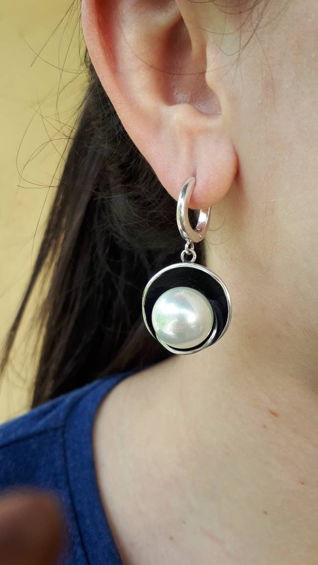Große Perlen Ohrringe 925 Sterling Silber, Handgefertigte Perle von ArMatSilver