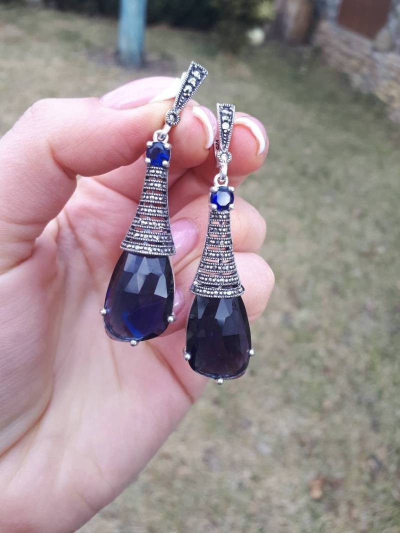 Handgemachte Markasit/Silberohrhänger Blauer Saphir von ArMatSilver