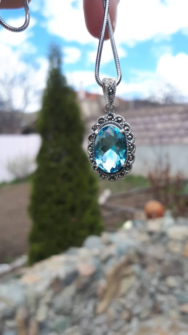 Hellblauer Anhänger Blauer Quarz Halskette Oval Schmuck Zierliche Antik Silber Mit Kette Sterling Blau Hellblauer Anhänger Blauer Quarz Halskette Oval Schmuck Zierliche Antik Silber Mit Kette Sterling Blau von ArMatSilver