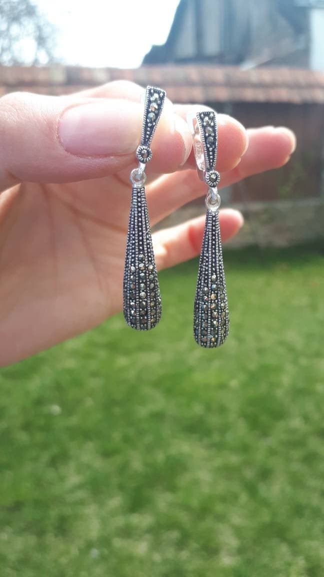 Hochzeit Ohrringe Silber Tropfen Lange Markasit Schmuck Einfache Ring Zierliche Kleiner Hochzeit Ohrringe Silber Tropfen Lange Markasit Schmuck Einfache Ring Zierliche Kleiner von ArMatSilver