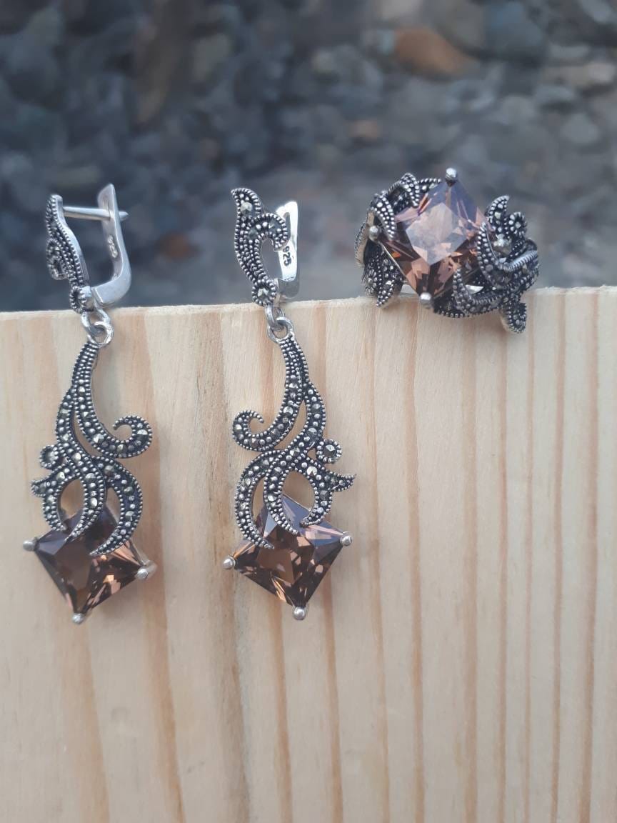 Imperial Topas Ohrringe Markasit Schmuck Smokey Ring Partyschmuck Silber Trasparent Edelsteinschmuck Braun Abend Imperial Topas Ohrringe Markasit Schmuck Smokey Ring Partyschmuck Silber Trasparent Edelsteinschmuck Braun Abend von ArMatSilver
