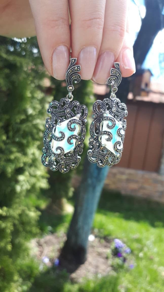 Mondstein Ohrringe Luxuriöse Ohrhänger Silber Markasit Lange Schmuck Hellblau Abend Mondgestein von ArMatSilver