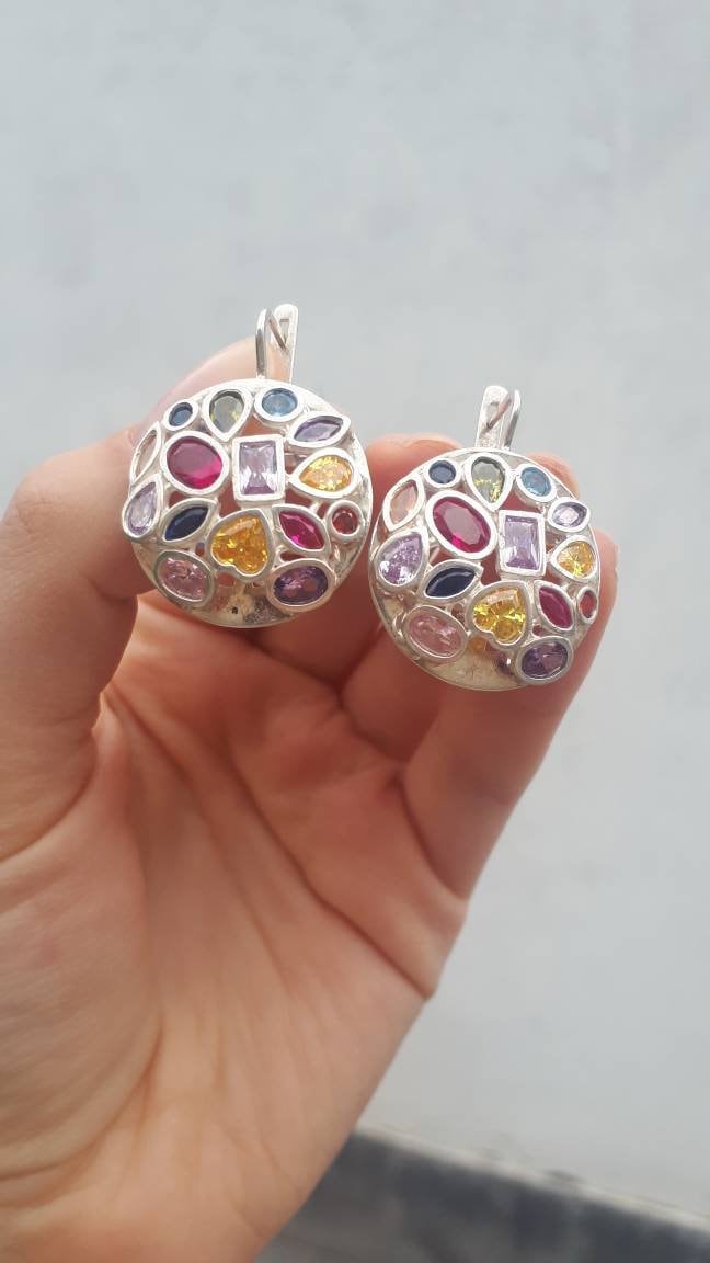 Multicolor Edelstein Silber Ohrringe Rund Bunt Schmuck von ArMatSilver