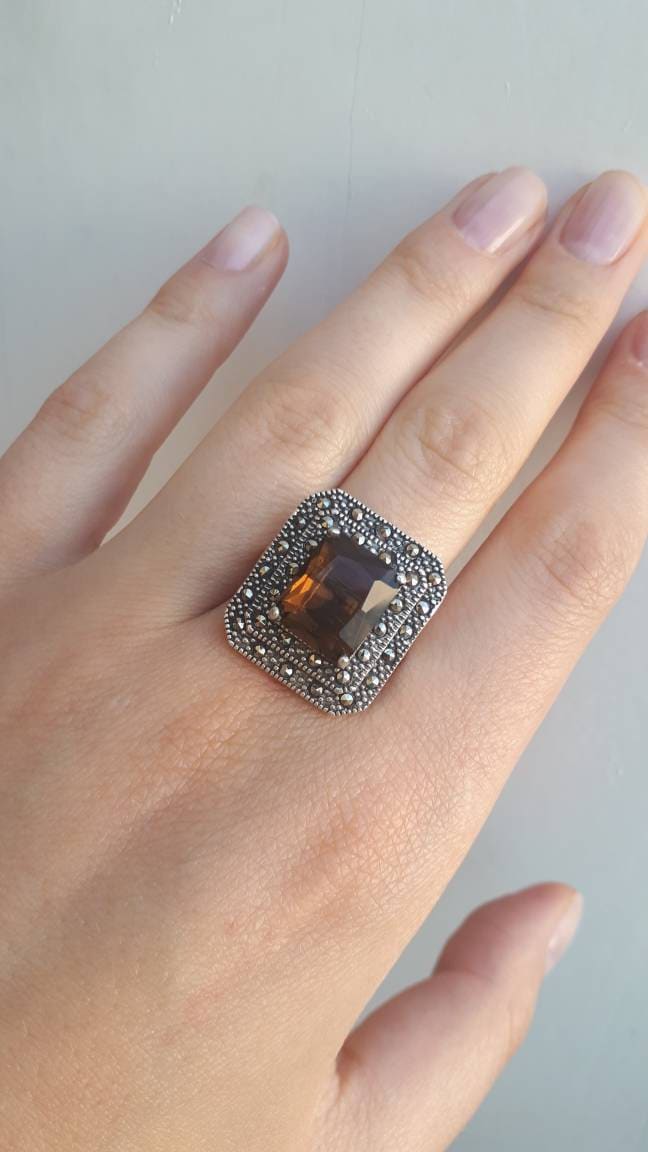 Rechteck Topas Ring Silber Imperial Novermber Birthstone Pfirsich Farbe Brauner Edelstein Rauchtopas Schmuck Vintage von ArMatSilver