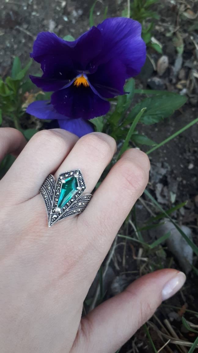 Ring Smaragd Grüner Silberschmuck Markasit Einzigartige Silberring Abend Schmuck Bague Vert Emeraude Grüner von ArMatSilver
