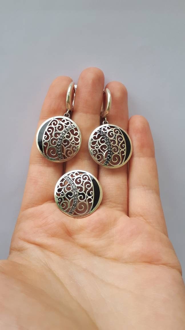 Runde Baumeln Ohrringe Silber Filigrane Schmuck Ring Handgemachte von ArMatSilver