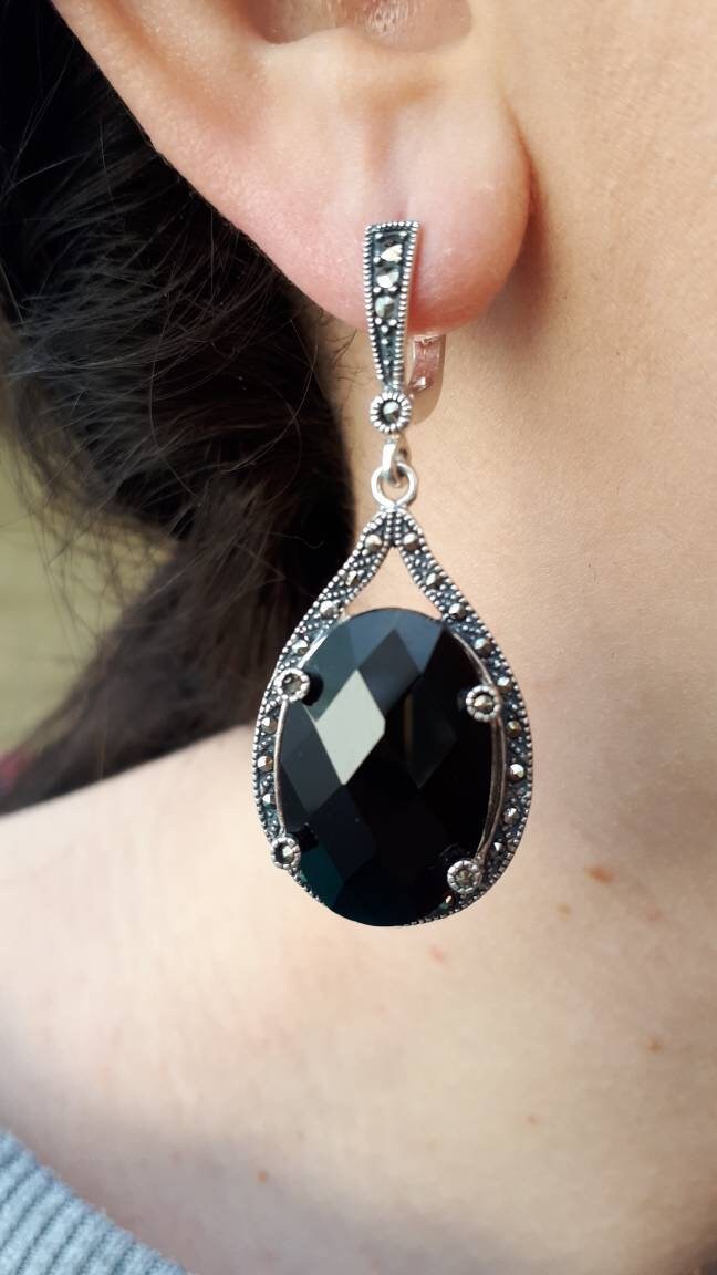 Schwarz Tropfen Ohrringe Onyx Silber Abendschmuck von ArMatSilver