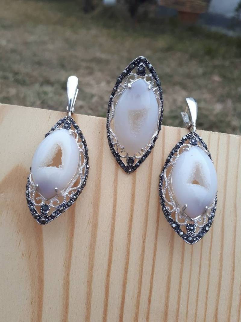 Seltene Stein Schmuck Geode Achat Ohrringe Braut Edelstein Druzy Ring Baumeln Großer Weißer Große Weiß Silber von ArMatSilver