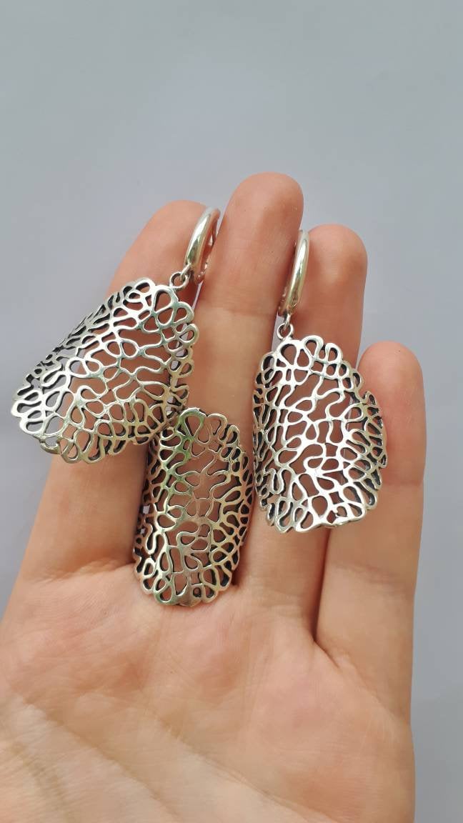 Silber Netz Ohrringe Und Ring Set Einzigartiges Schmuck Geschenk von ArMatSilver