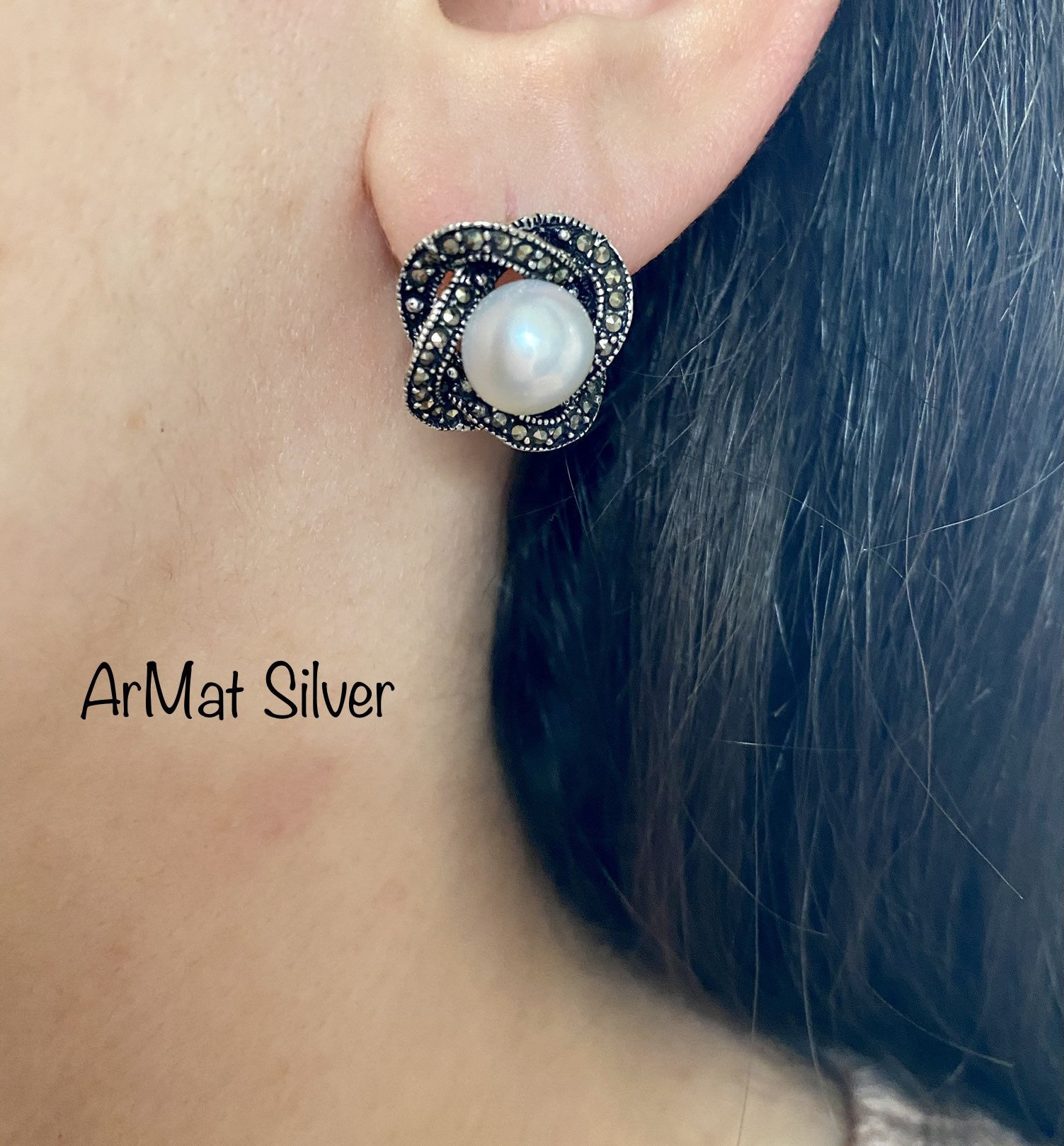 sterling Silber Perlen Ohrringe Markasit Twisted Ring Schmuck sterling Silber Perlen Ohrringe Markasit Twisted Ring Schmuck von ArMatSilver