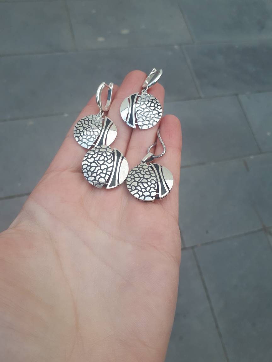 sterling Silber Runde Ohrringe Und Ring Set, Art Deco Schmuck von ArMatSilver