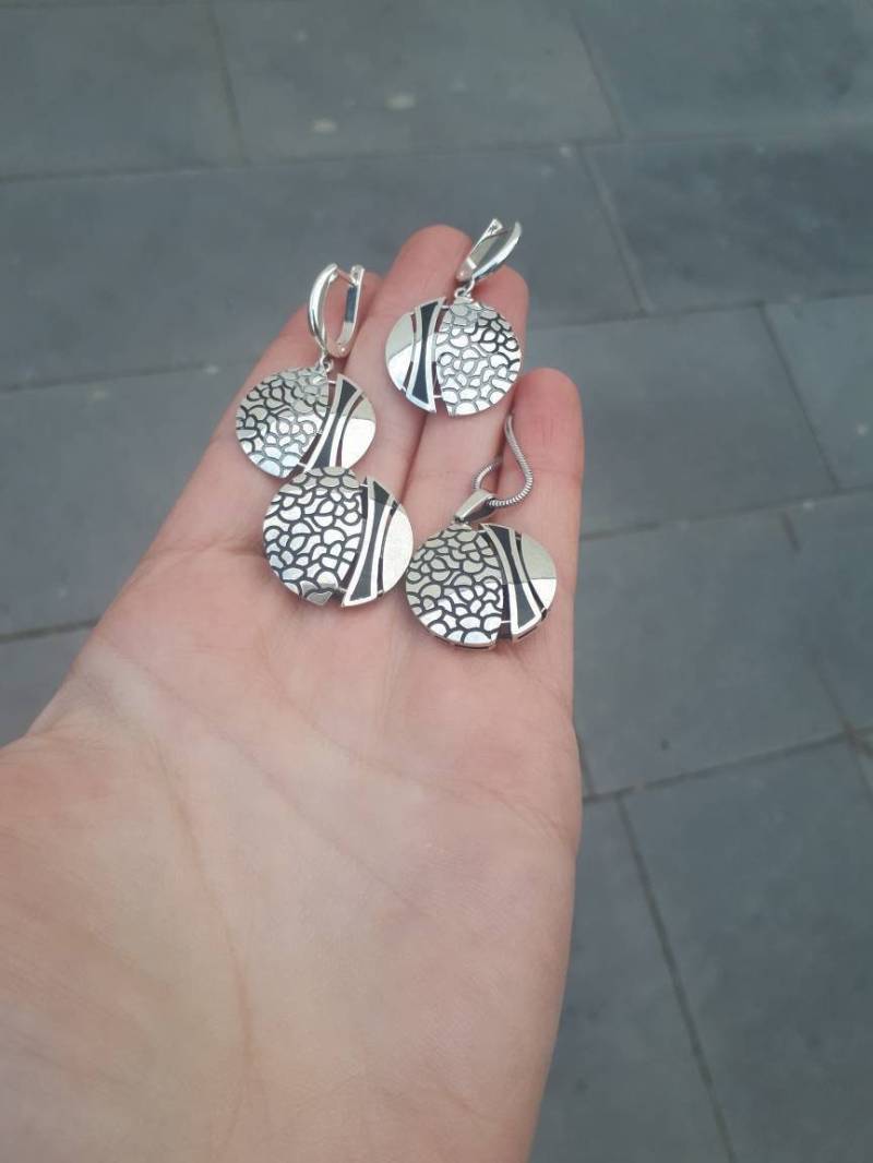 sterling Silber Runde Ohrringe Und Ring Set, Art Deco Schmuck von ArMatSilver