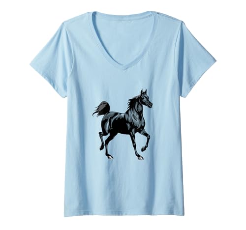 Damen Realistisches schwarzes arabisches Pferd T-Shirt mit V-Ausschnitt von Arabia Horse inc