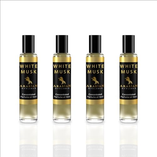 Arabian Opulence FR297 WHITE MUSK Roll-on Parfümöl | Konzentriertes Parfüm Körperöl | Langanhaltendes Parfüm auf Ölbasis für Frauen | Reisegröße Alkoholfreies Parfümöl Fläschchen (15ml, 4er-Pack) von Arabian Opulence