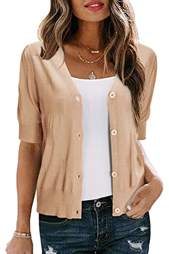 Arach&Cloz Strickjacke Damen Bolero Festlich Kurz Leichte Cardigan Kurzarm Strickmantel Casual Top Knöpfe für Kleid (Apricot, L) von Arach&Cloz