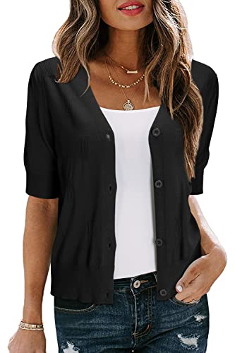 Arach&Cloz Strickjacke Damen Bolero Festlich Kurz Leichte Cardigan Kurzarm Strickmantel Casual Top Knöpfe für Kleid (Schwarz, L) von Arach&Cloz