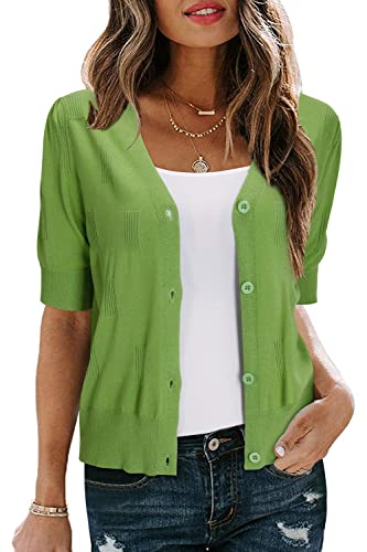 Arach&Cloz Strickjacke Damen Bolero Festlich Kurz Leichte Cardigan Kurzarm Strickmantel Casual Top Knöpfe für Kleid (Green, L) von Arach&Cloz