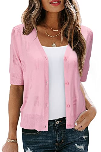 Arach&Cloz Strickjacke Damen Bolero Festlich Kurz Leichte Cardigan Kurzarm Strickmantel Casual Top Knöpfe für Kleid (Light Pink, L) von Arach&Cloz